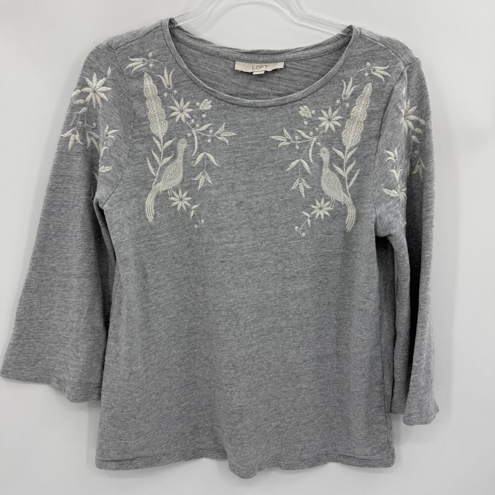 LOFT Women Embroidered Dove Floral Knit Shirt Size M 3/4 Bell Sleeve Boho Cotton